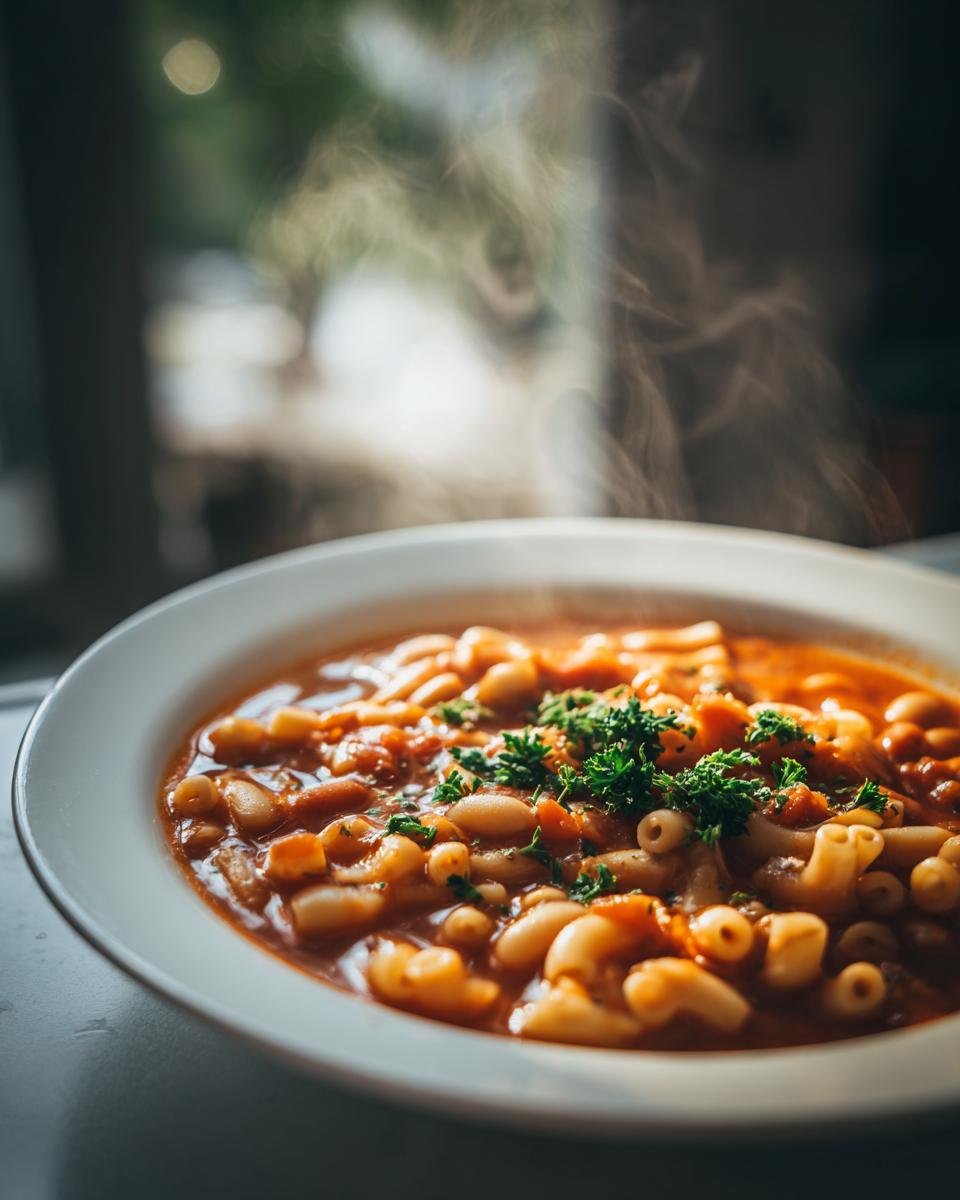 A close-up of a steaming white bowl filled with hot pasta fagioli, garnished with fresh parsley.