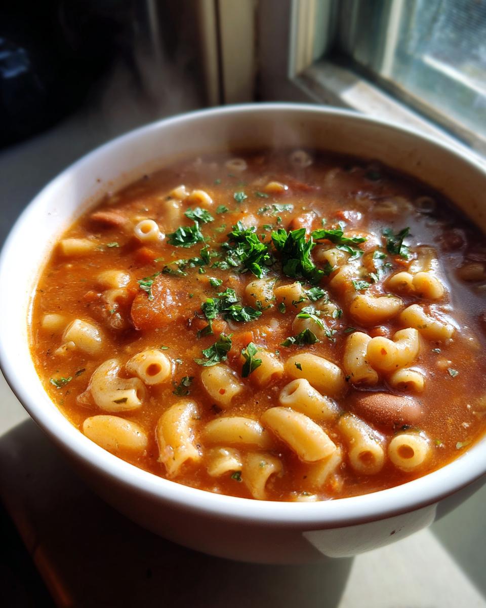 Close-up of a steaming white bowl filled with hearty pasta fagioli soup, garnished with fresh parsley.