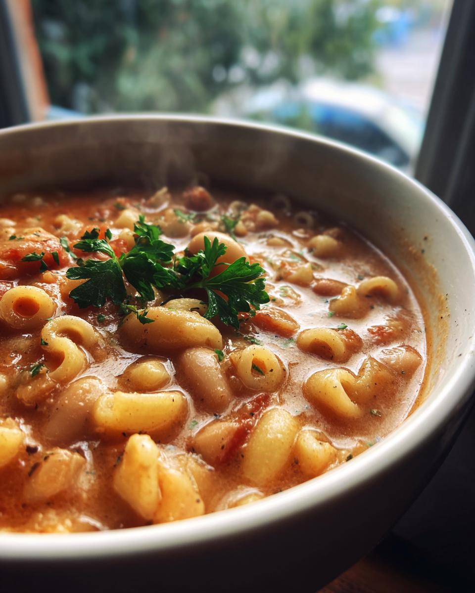 Close-up of a steaming white bowl filled with creamy pasta fagioli, garnished with fresh parsley.
