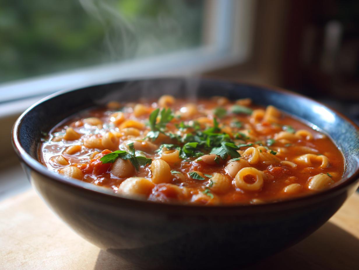 A steaming bowl of rich, tomato-based pasta fagioli featuring ditalini pasta and beans, topped with fresh parsley.