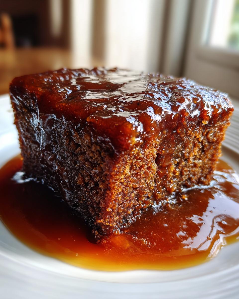 Close-up of a square portion of sticky toffee pudding recipe cake drenched in rich toffee sauce.