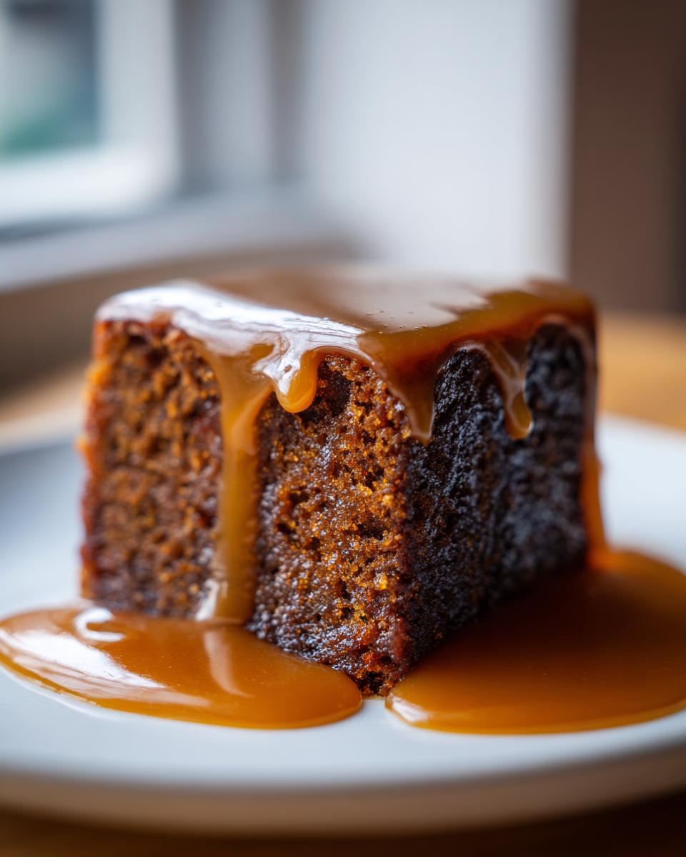 Close-up of a rich, dark square of sticky toffee pudding recipe drenched in warm toffee sauce.