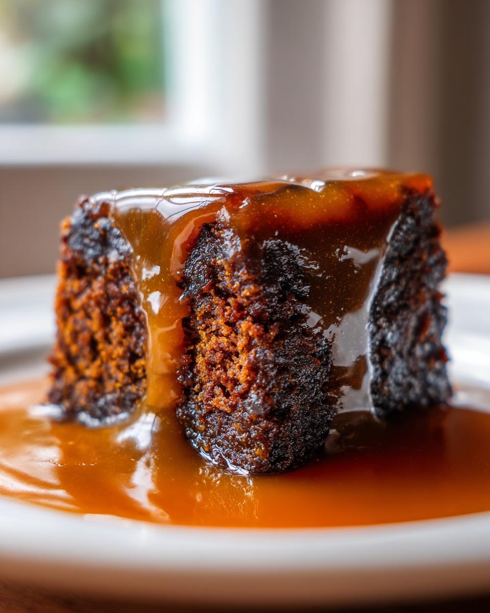 Close-up of a rich, dark square of sticky toffee pudding recipe covered in glossy toffee sauce.