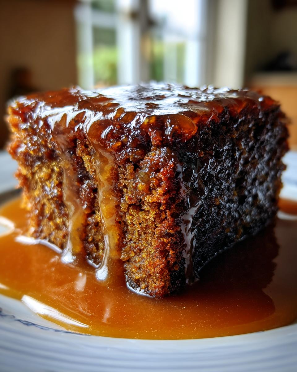 Close-up of a rich, moist slice of sticky toffee pudding recipe drenched in warm toffee sauce.