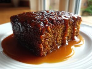 Close-up of a moist square slice of sticky toffee pudding recipe drenched in rich toffee sauce.