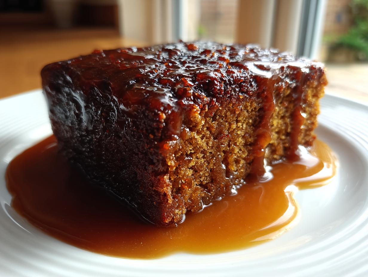 Close-up of a moist square slice of sticky toffee pudding recipe drenched in rich toffee sauce.