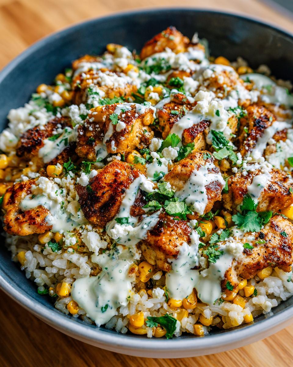 A close-up view of a vibrant street corn chicken rice bowl topped with seasoned chicken, cotija cheese, cilantro, and a drizzle of crema.