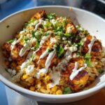 Close-up of a delicious street corn chicken rice bowl topped with charred chicken, corn, cotija cheese, cilantro, and crema.
