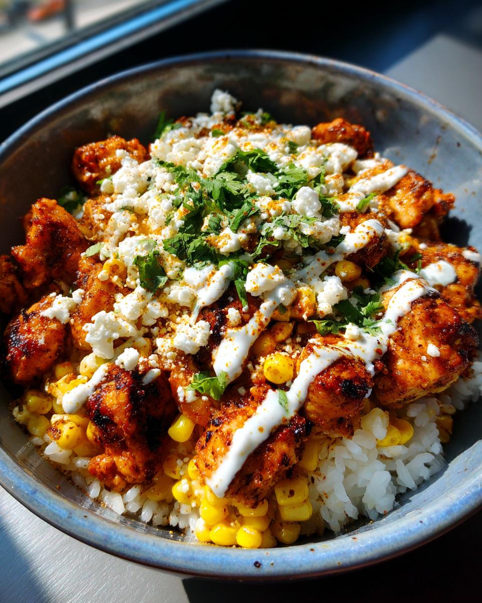A vibrant street corn chicken rice bowl topped with cotija cheese, cilantro, and crema drizzle.