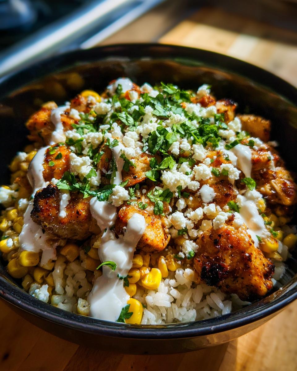 Close-up of a street corn chicken rice bowl featuring seasoned chicken, corn, rice, crema, cotija cheese, and cilantro.