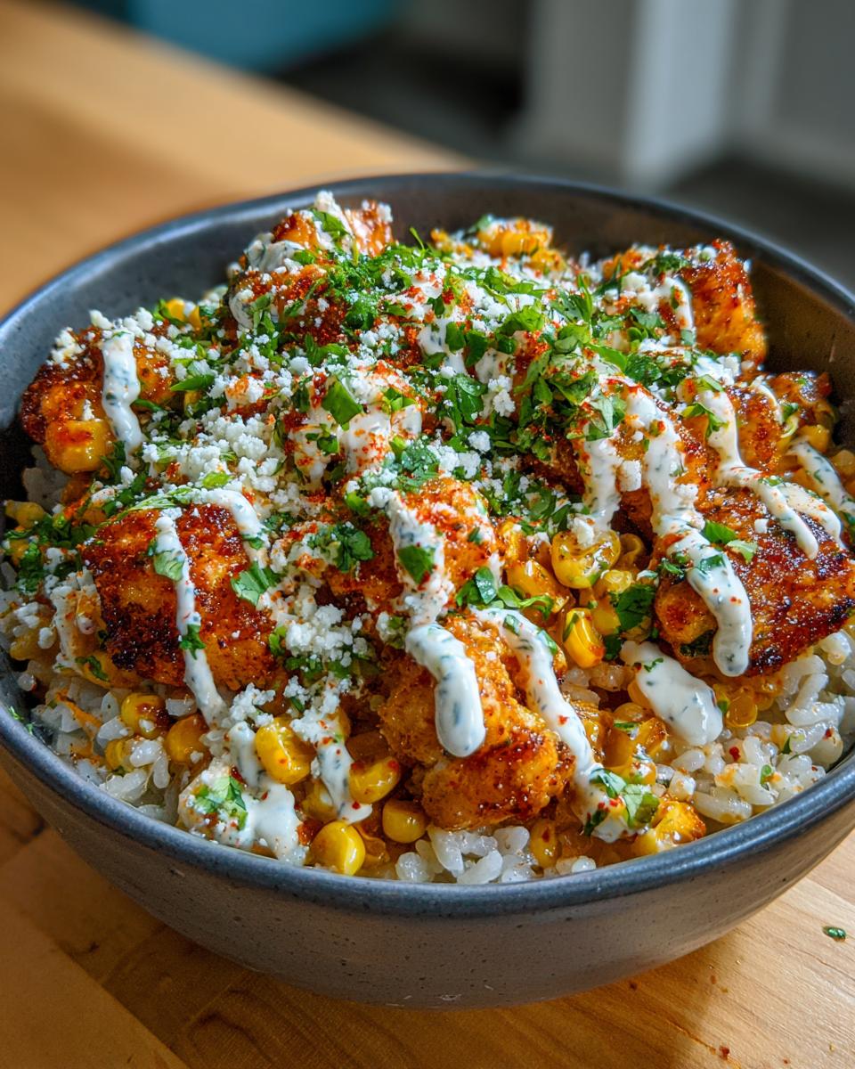 Close-up of a flavorful street corn chicken rice bowl topped with cotija cheese, cilantro, and crema drizzle.