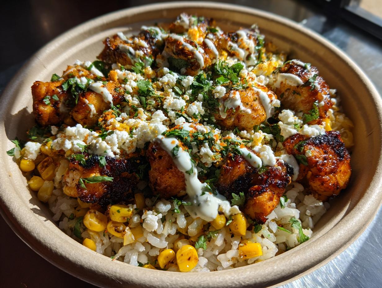 Close-up of a vibrant street corn chicken rice bowl topped with charred chicken, corn, cotija cheese, and a drizzle of crema.