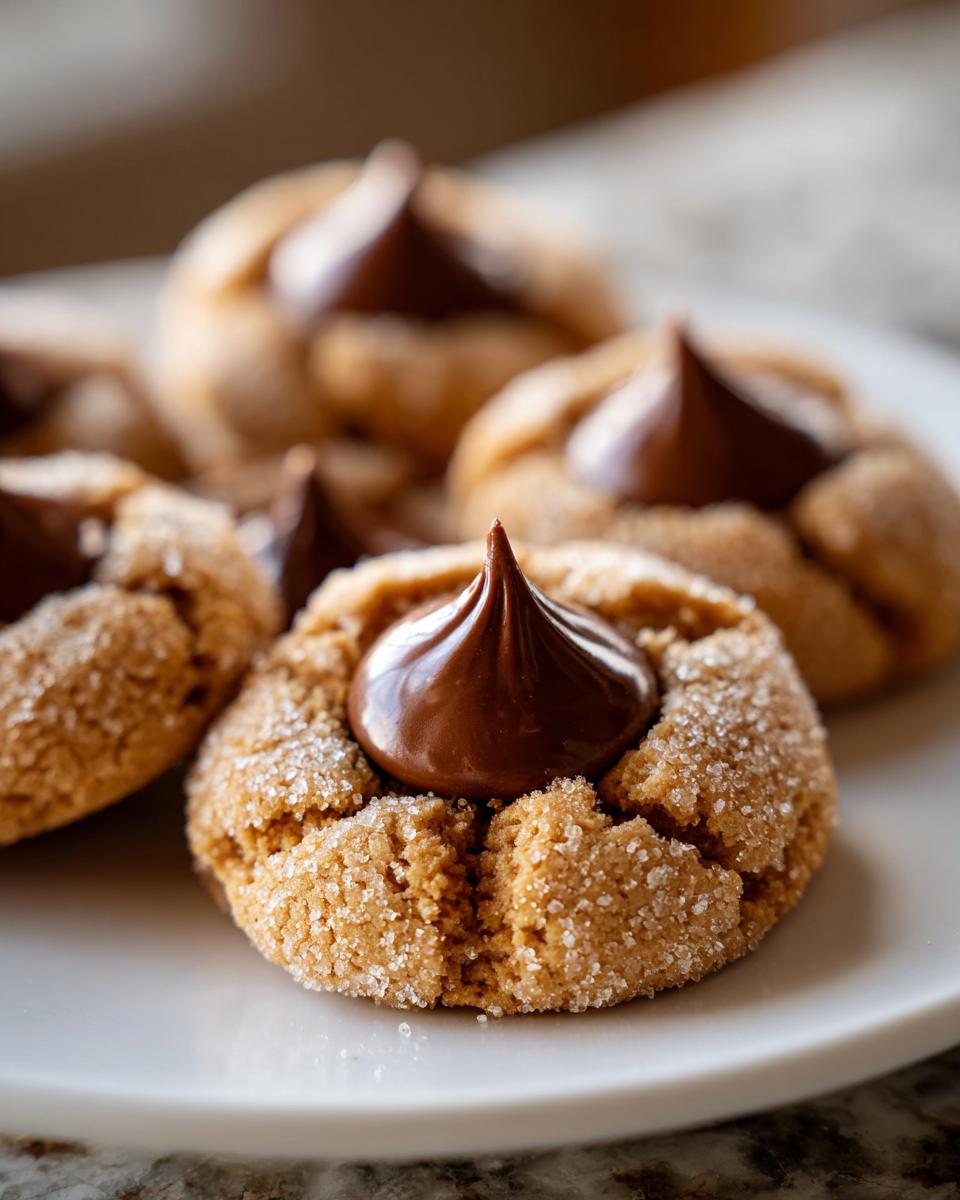 A close-up of a freshly baked, sugar-coated peanut butter kiss cookie topped with a melted chocolate kiss.