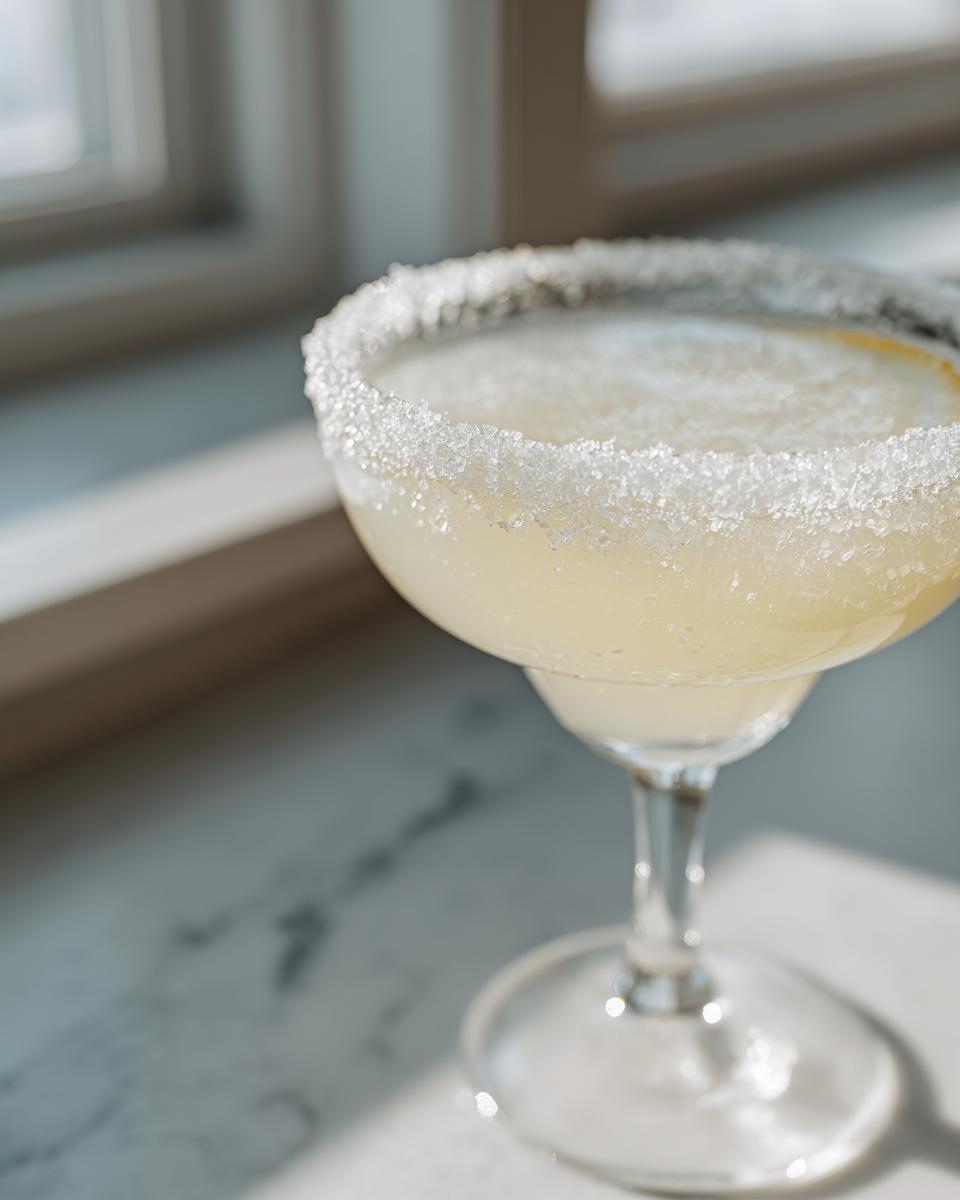 Close-up of a bright, chilled lemon drop martini in a coupe glass with a thick sugar rim.