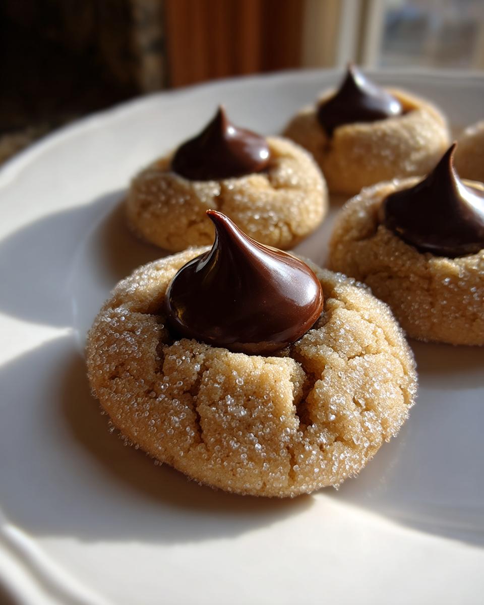 Close-up of several peanut butter kiss cookies rolled in sugar, each topped with a melted chocolate kiss.