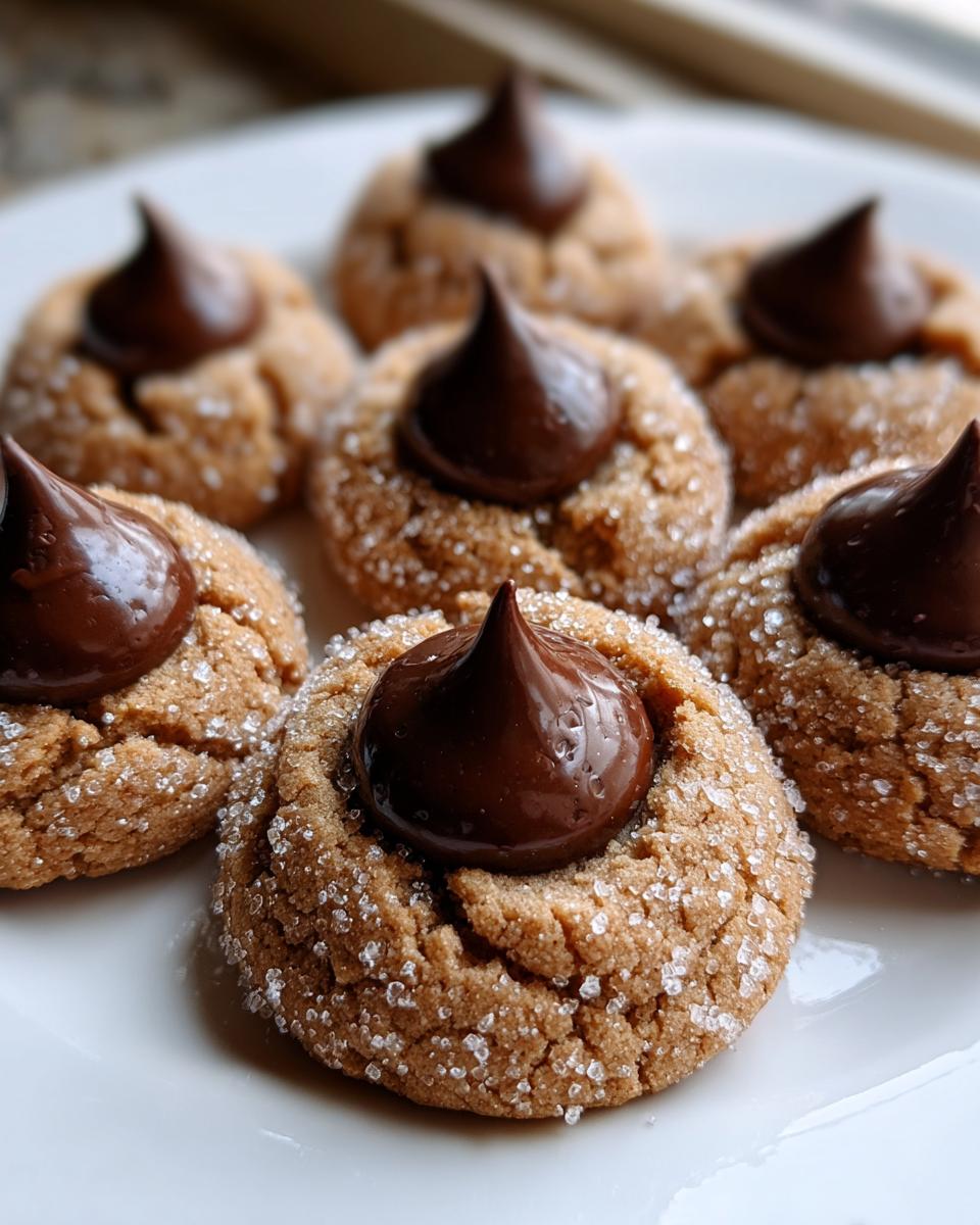 A close-up of several freshly baked peanut butter kiss cookies rolled in sugar and topped with a melted chocolate kiss.
