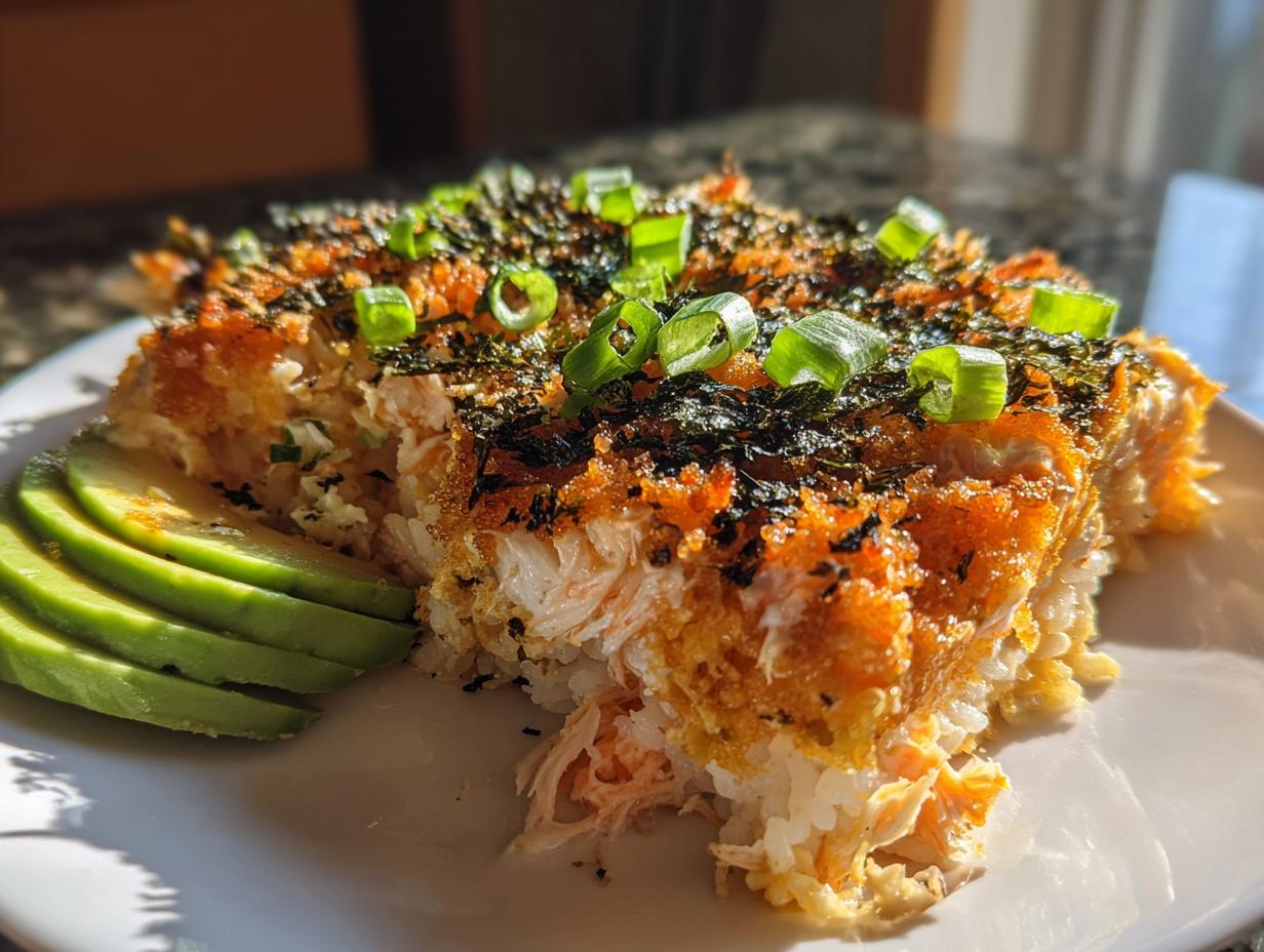 A close-up serving of baked rice and salmon mixture, known as sushi bake, topped with furikake and green onions, served with sliced avocado.
