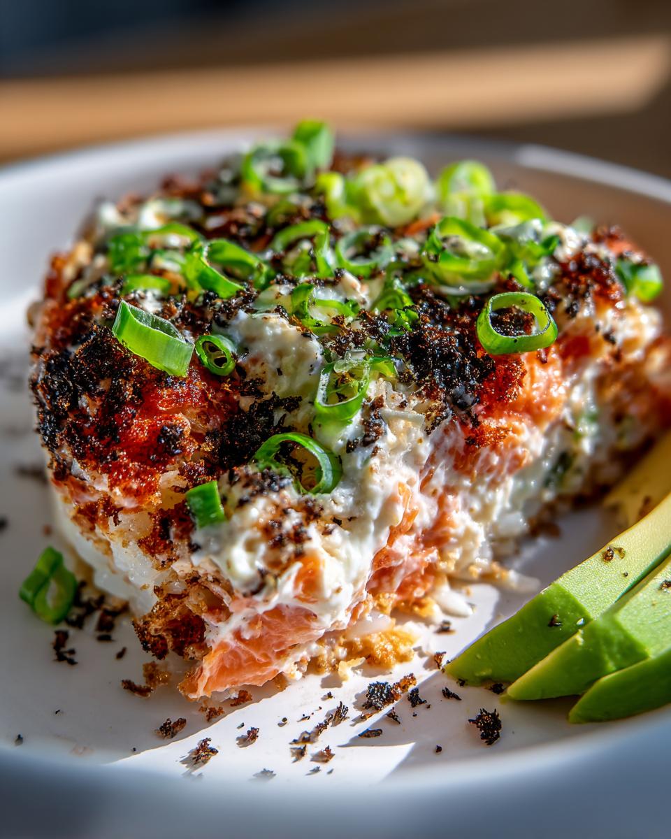 A close-up, sunlit serving of sushi bake showing layers of salmon, creamy topping, and furikake, garnished with green onions.