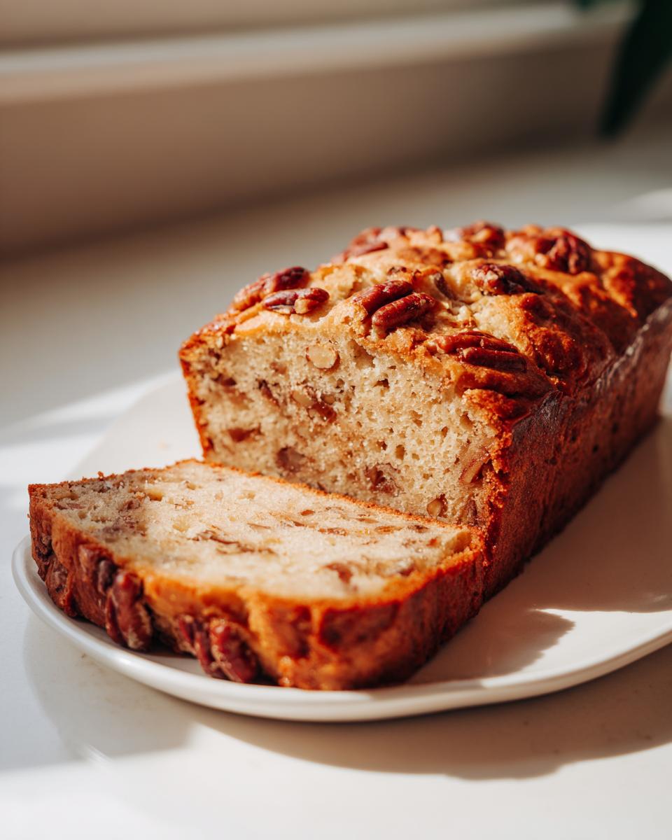 A freshly baked loaf of sweet alabama pecan bread, partially sliced, sitting on a white plate in natural sunlight.