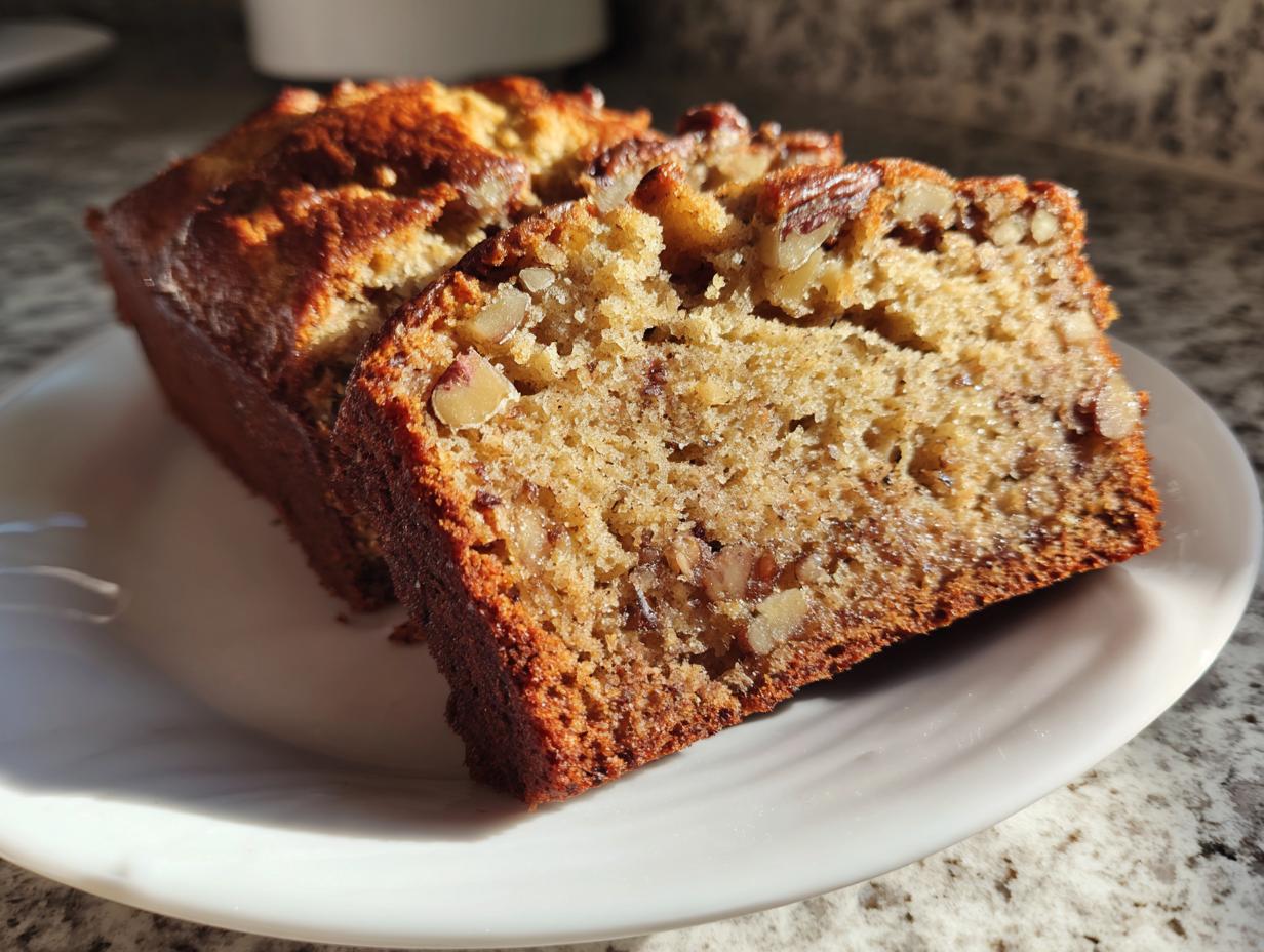 Close-up of thick slices of sweet alabama pecan bread showing a moist crumb and visible pecans.