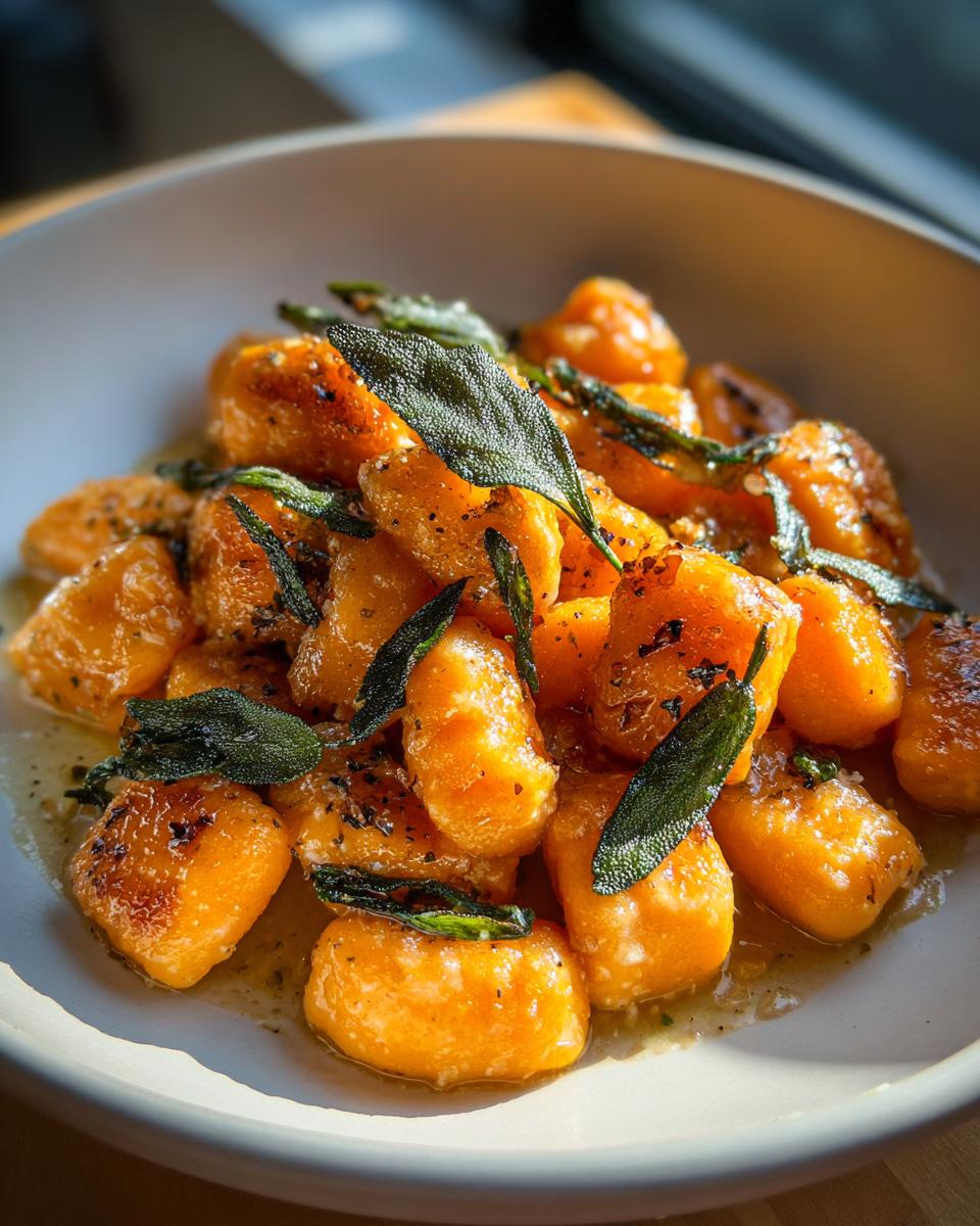 Close-up of bright orange sweet potato gnocchi tossed in brown butter sauce and topped with crispy sage leaves.