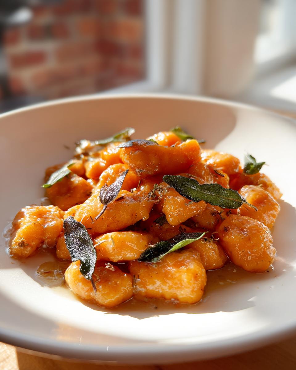 Close-up of orange sweet potato gnocchi tossed in a light sauce and garnished with fresh sage leaves.