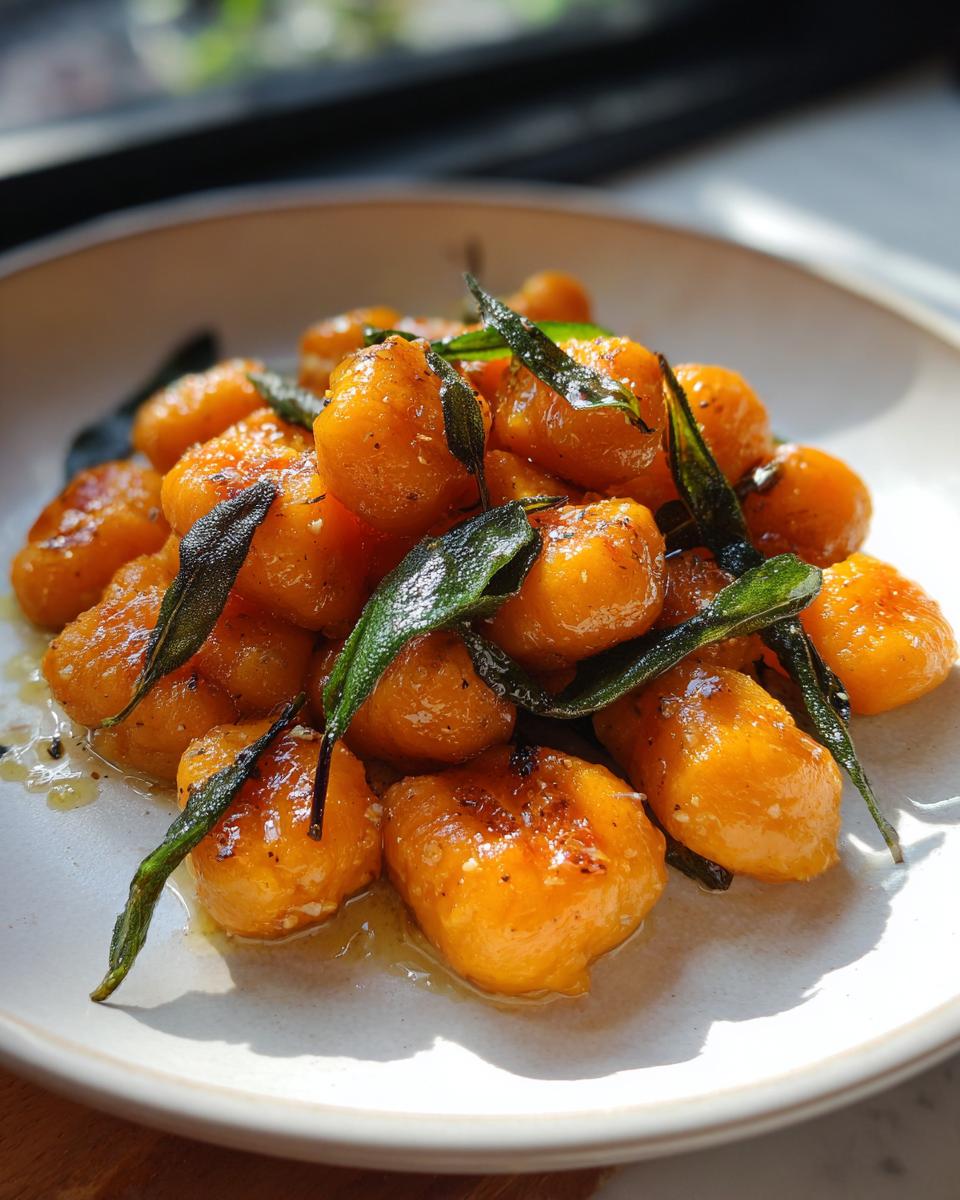 Close-up of vibrant orange sweet potato gnocchi tossed in browned butter and topped with crispy sage leaves.