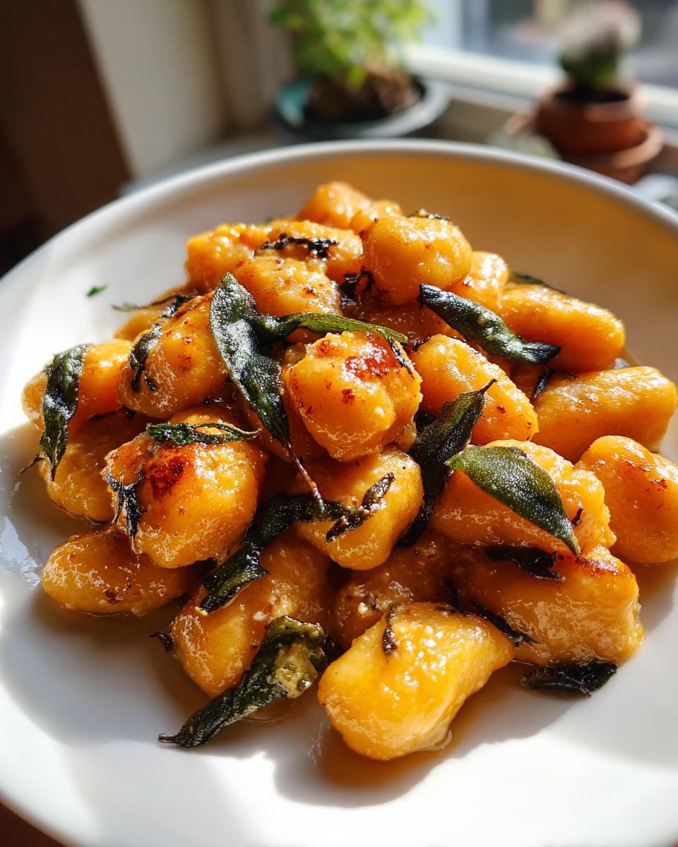 A close-up of bright orange sweet potato gnocchi tossed in brown butter and topped with crispy fried sage leaves.