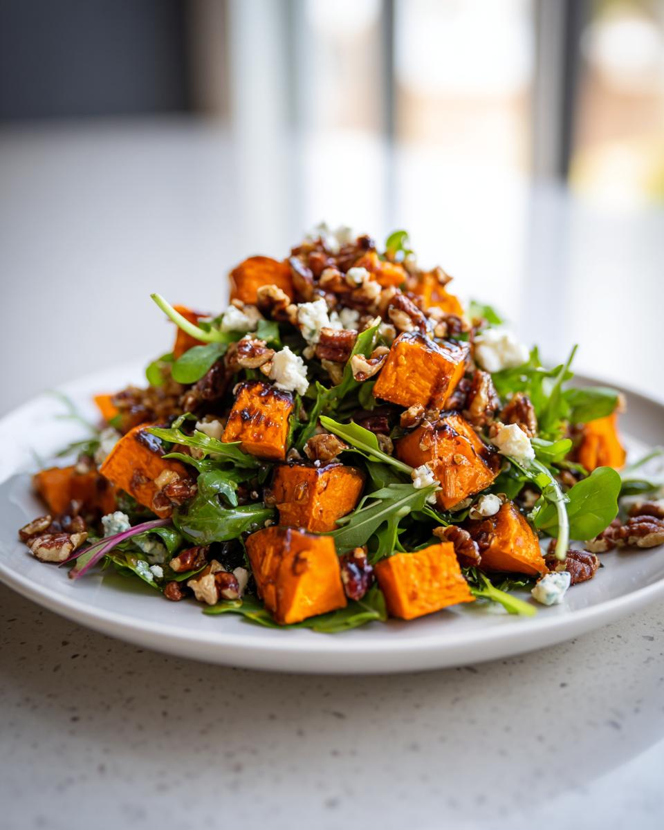 A vibrant close-up of a sweet potato salad featuring roasted orange sweet potato cubes, arugula, pecans, and crumbled blue cheese.
