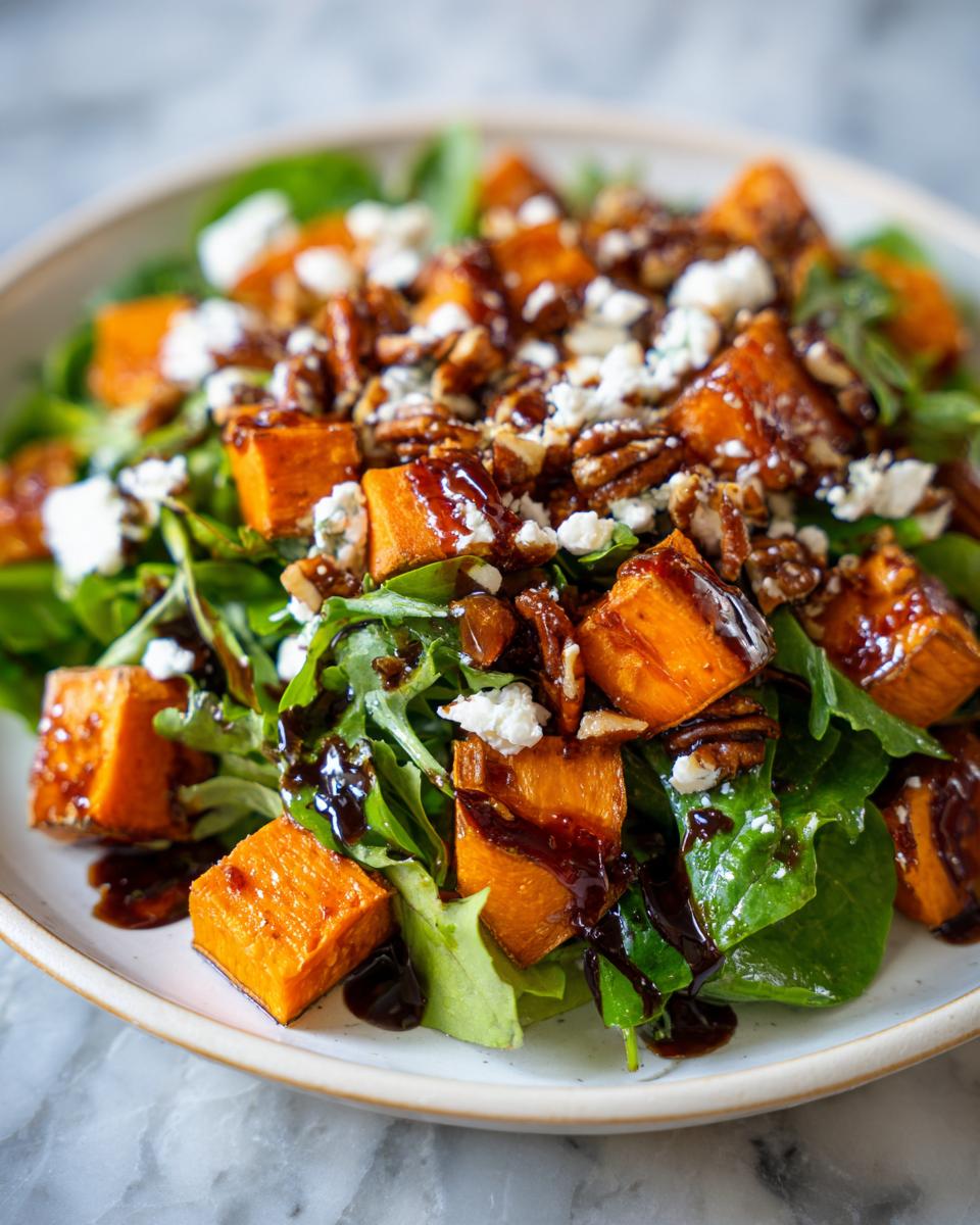 Close-up of a vibrant sweet potato salad featuring roasted sweet potato cubes, greens, crumbled feta, pecans, and a balsamic glaze.