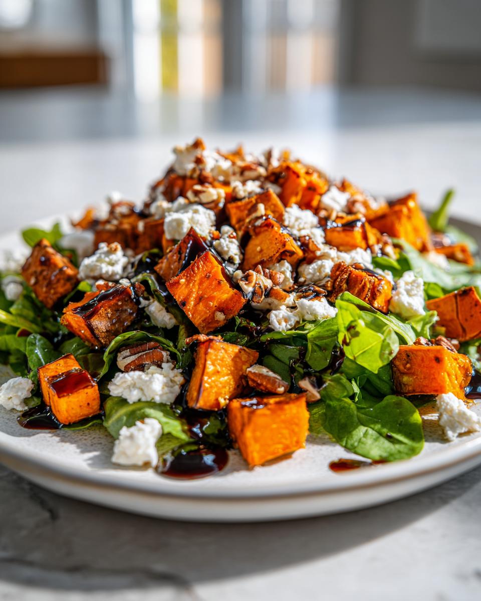 Close-up of a vibrant sweet potato salad featuring roasted sweet potato cubes, crumbled white cheese, pecans, and a balsamic glaze over greens.