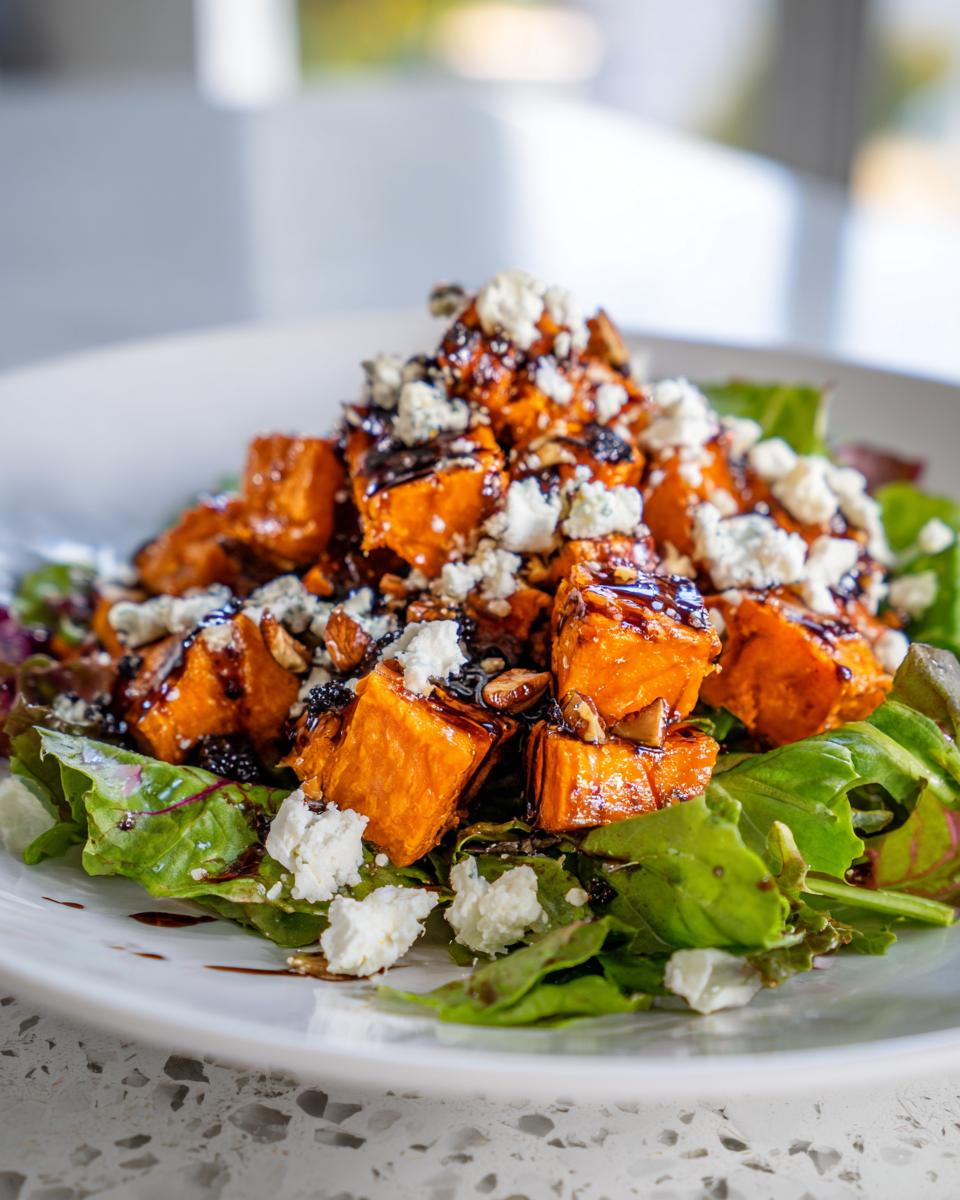A vibrant sweet potato salad featuring roasted orange cubes topped with crumbled white cheese and a dark glaze over mixed greens.