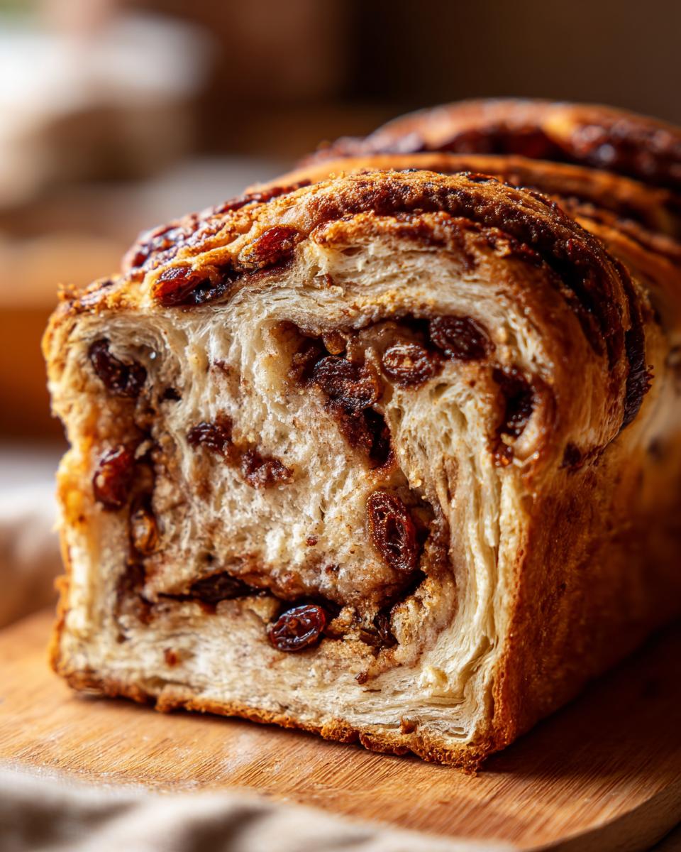 Close-up of a freshly baked raisin bread loaf showing the soft interior filled with cinnamon swirl and plump raisins.