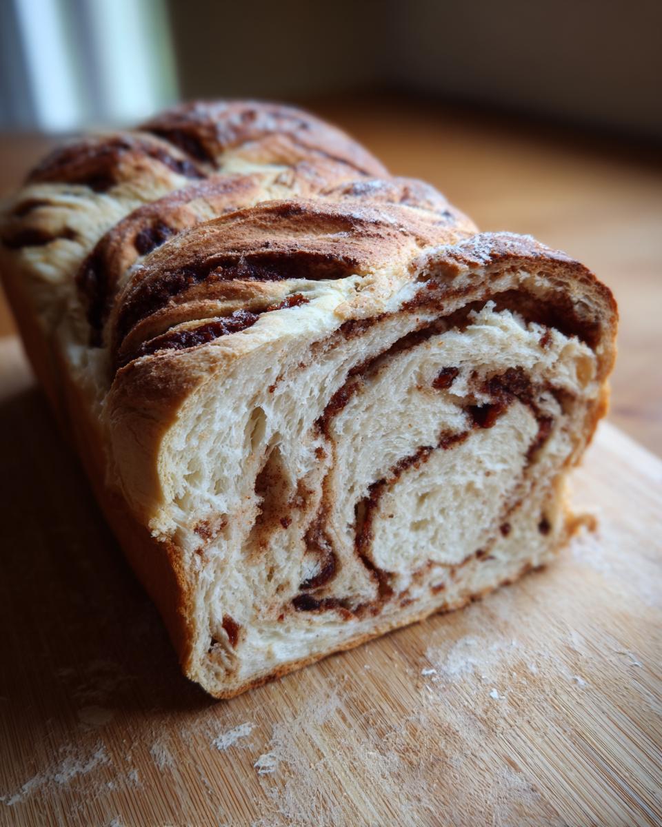 A freshly baked loaf of swirled cinnamon raisin bread, sliced to show the rich filling inside, resting on a wooden board.