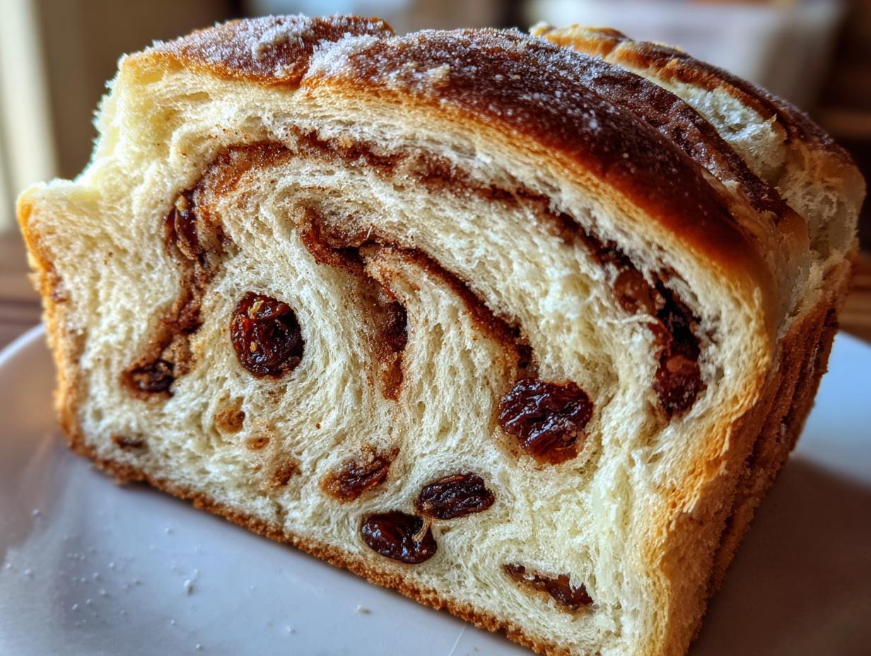 A thick slice of homemade raisin bread showing soft, swirled layers of cinnamon filling and plump raisins.