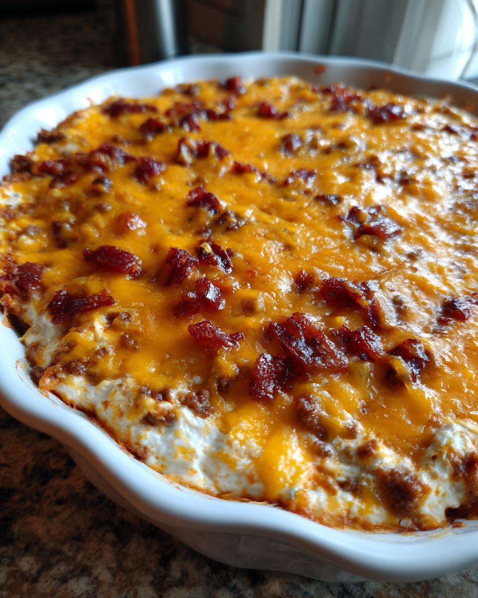 Close-up of baked texas trash dip topped with melted cheddar cheese and crispy bacon bits in a white dish.