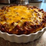 Close-up of a hot, bubbly texas trash dip topped with melted cheddar cheese in a white fluted baking dish.