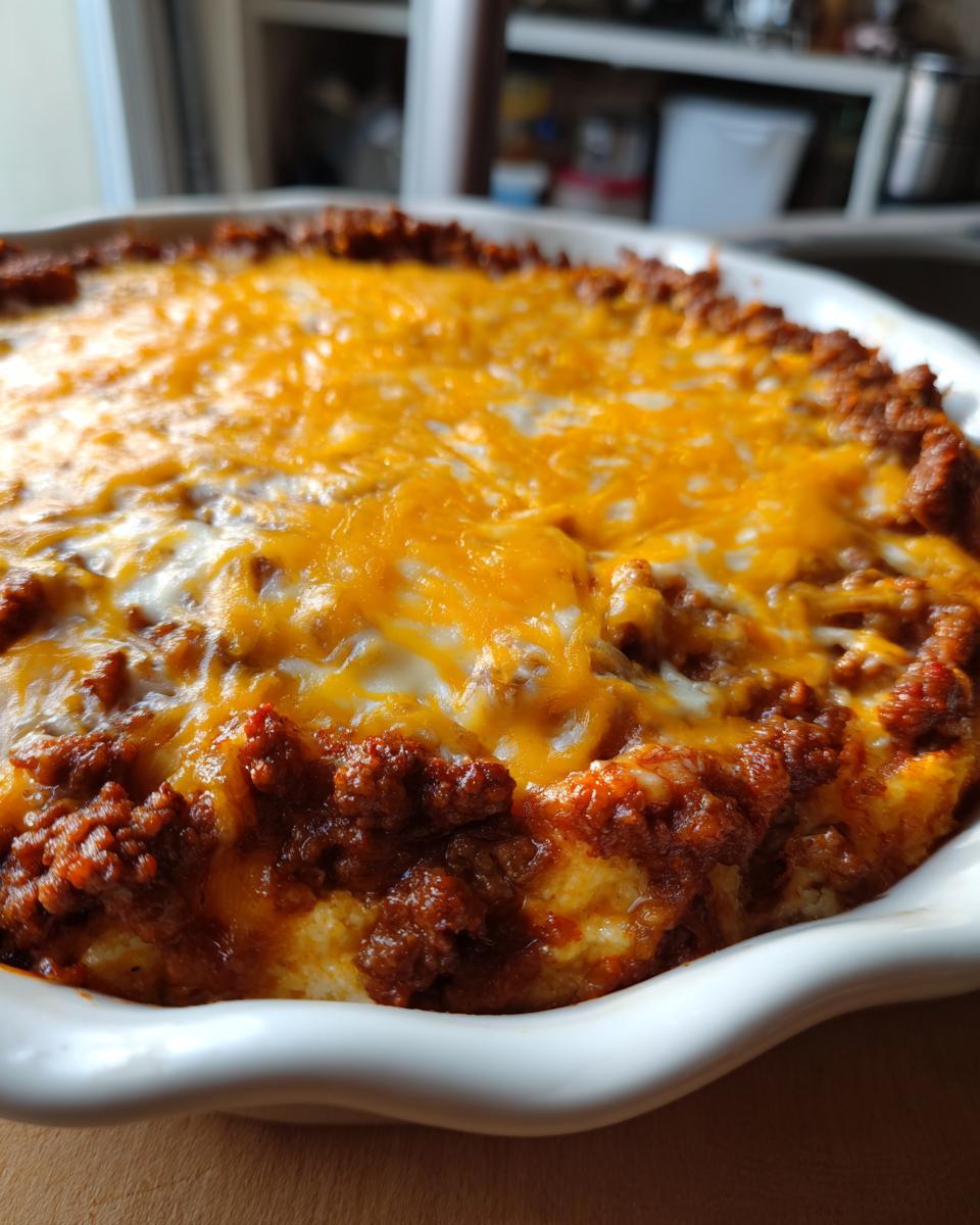 Close-up of a hot, bubbling texas trash dip topped with melted cheddar cheese in a white baking dish.