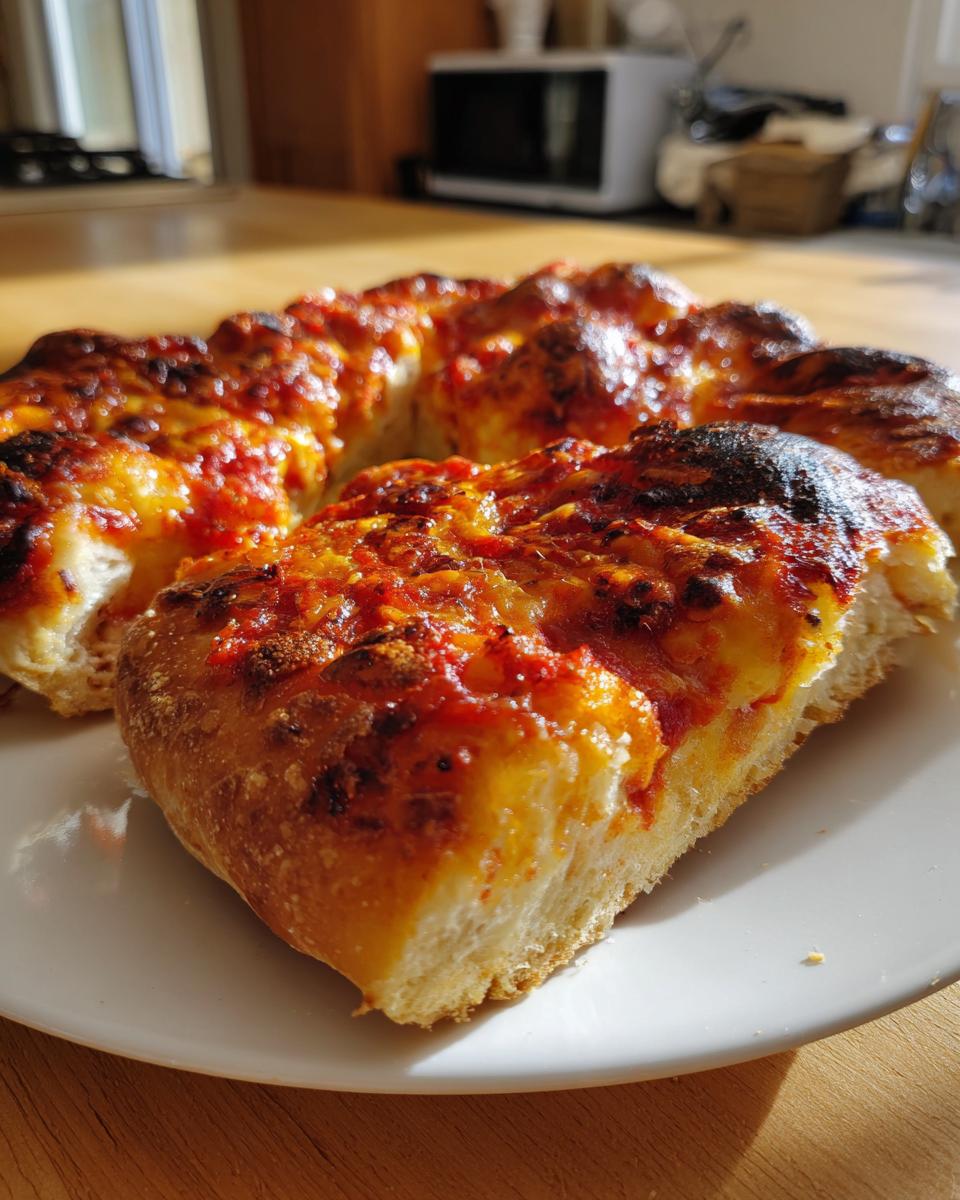 Close-up of a thick slice of homemade pizza with bubbly, charred cheese and bright red sauce on a white plate.