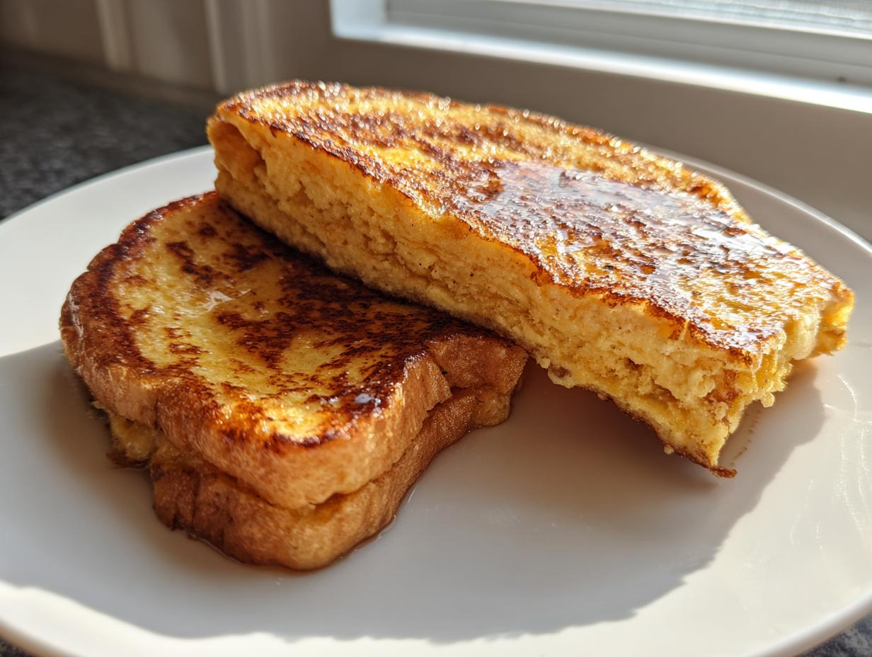 Two thick slices of golden brown easy french toast stacked slightly on a white plate, glistening with syrup.