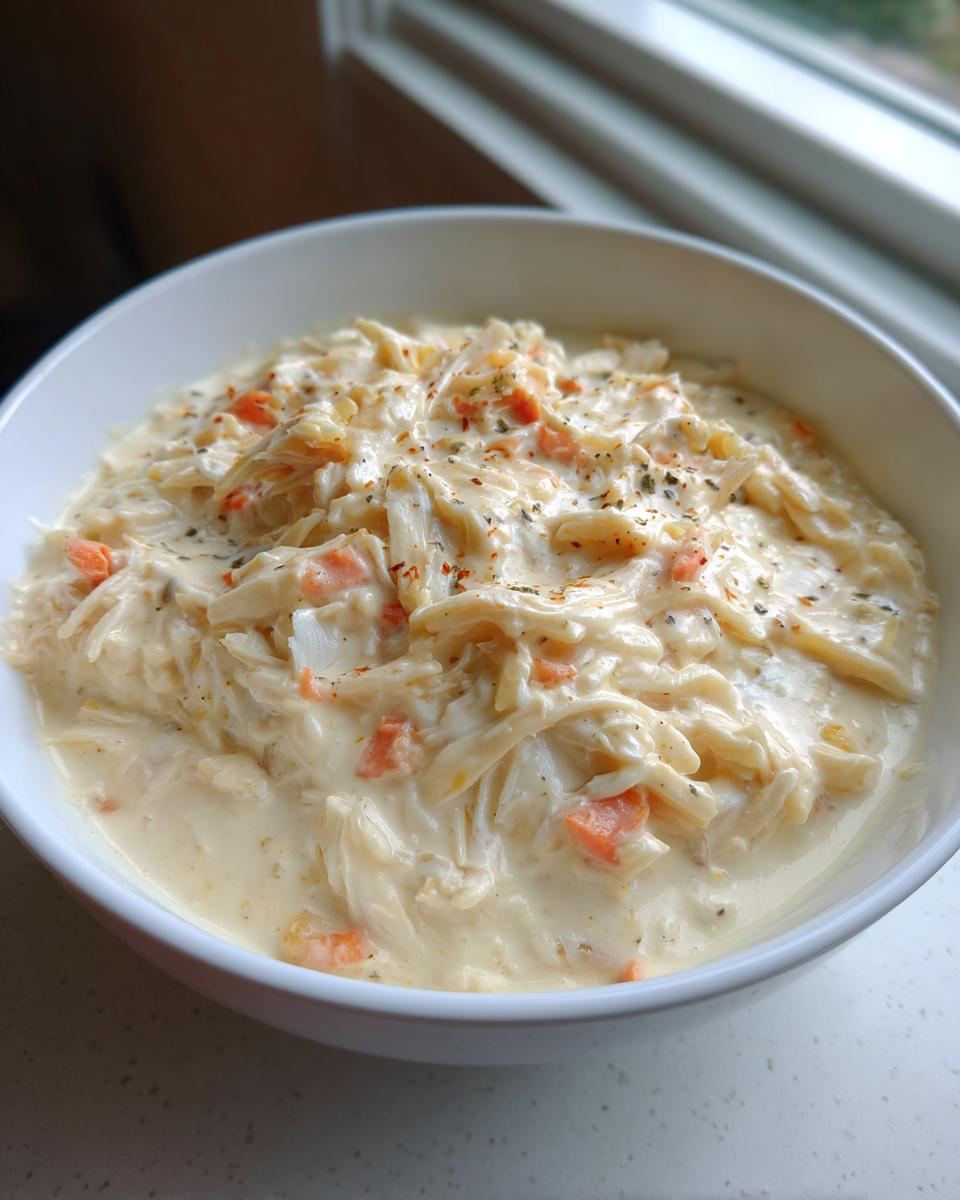 A close-up of thick homemade cream of chicken soup, featuring shredded chicken, carrots, and herbs, served in a white bowl.