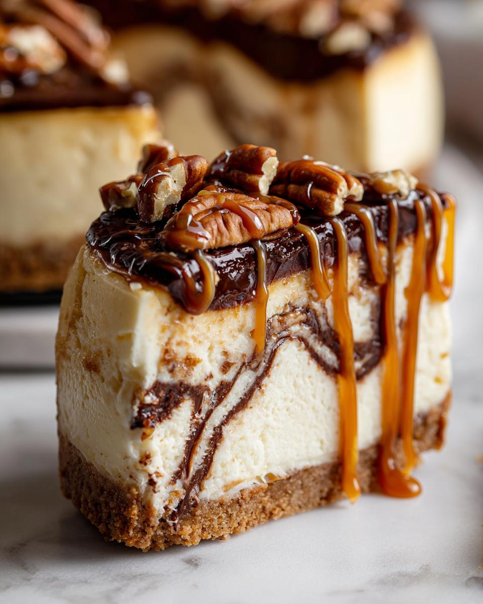 A decadent slice of turtle cheesecake featuring a graham cracker crust, marbled filling, chocolate, and dripping caramel topped with pecans.