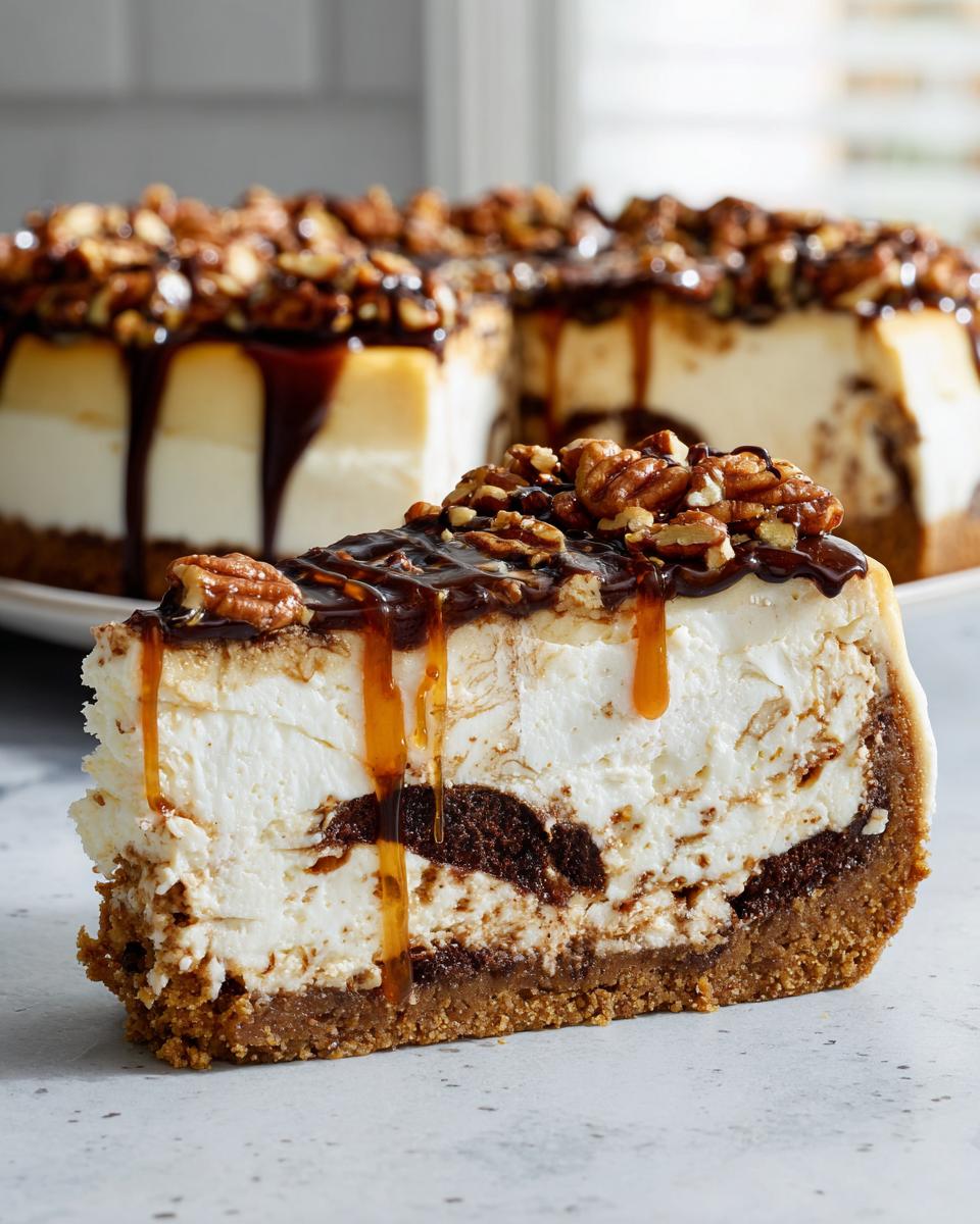 A decadent slice of turtle cheesecake featuring a graham cracker crust, creamy filling, chocolate swirls, and topped with pecans and caramel drizzle.