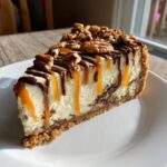 A rich slice of turtle cheesecake topped with pecans, chocolate drizzle, and dripping caramel sauce.