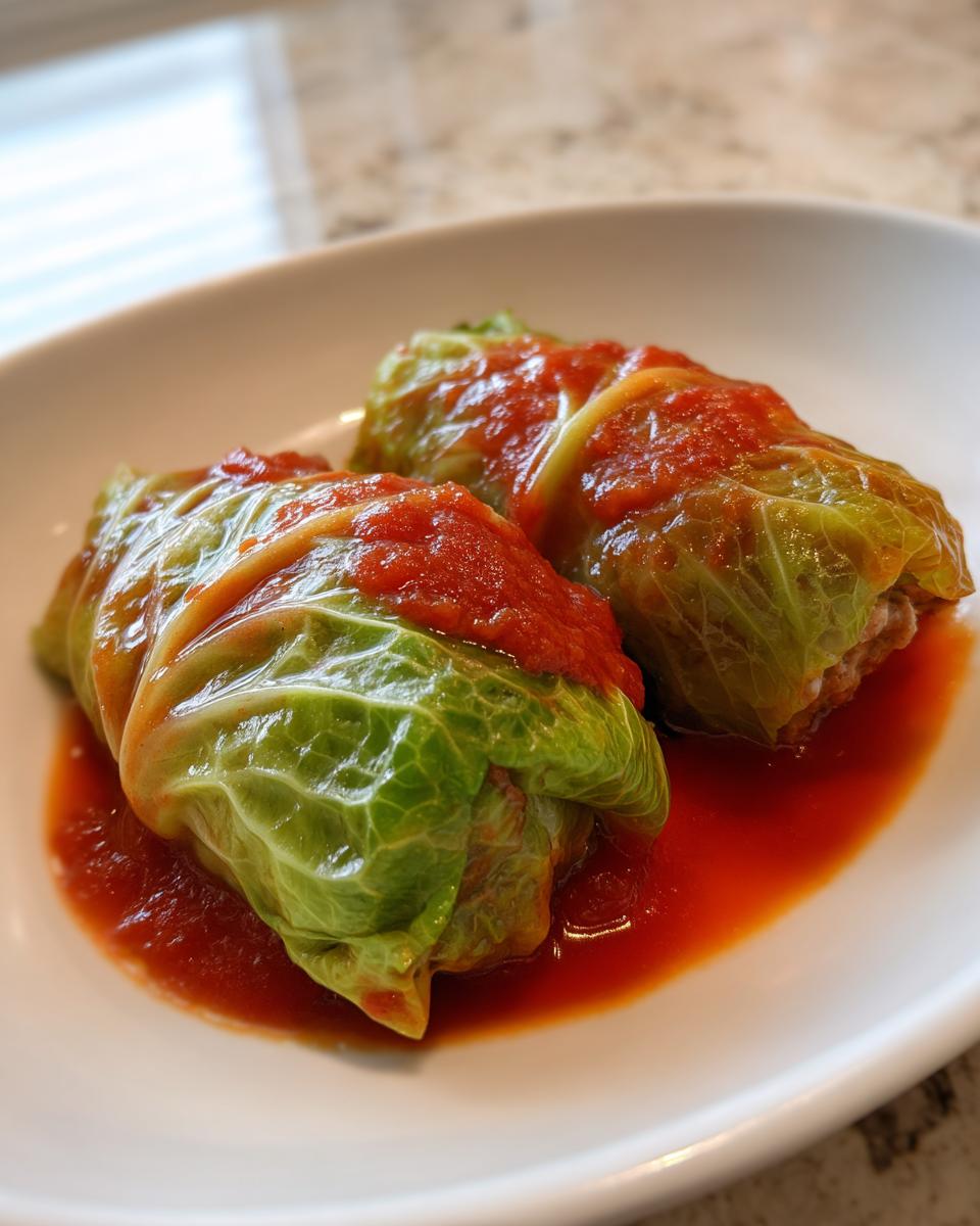 Two perfectly rolled cabbage rolls smothered in rich tomato sauce, ready to eat.