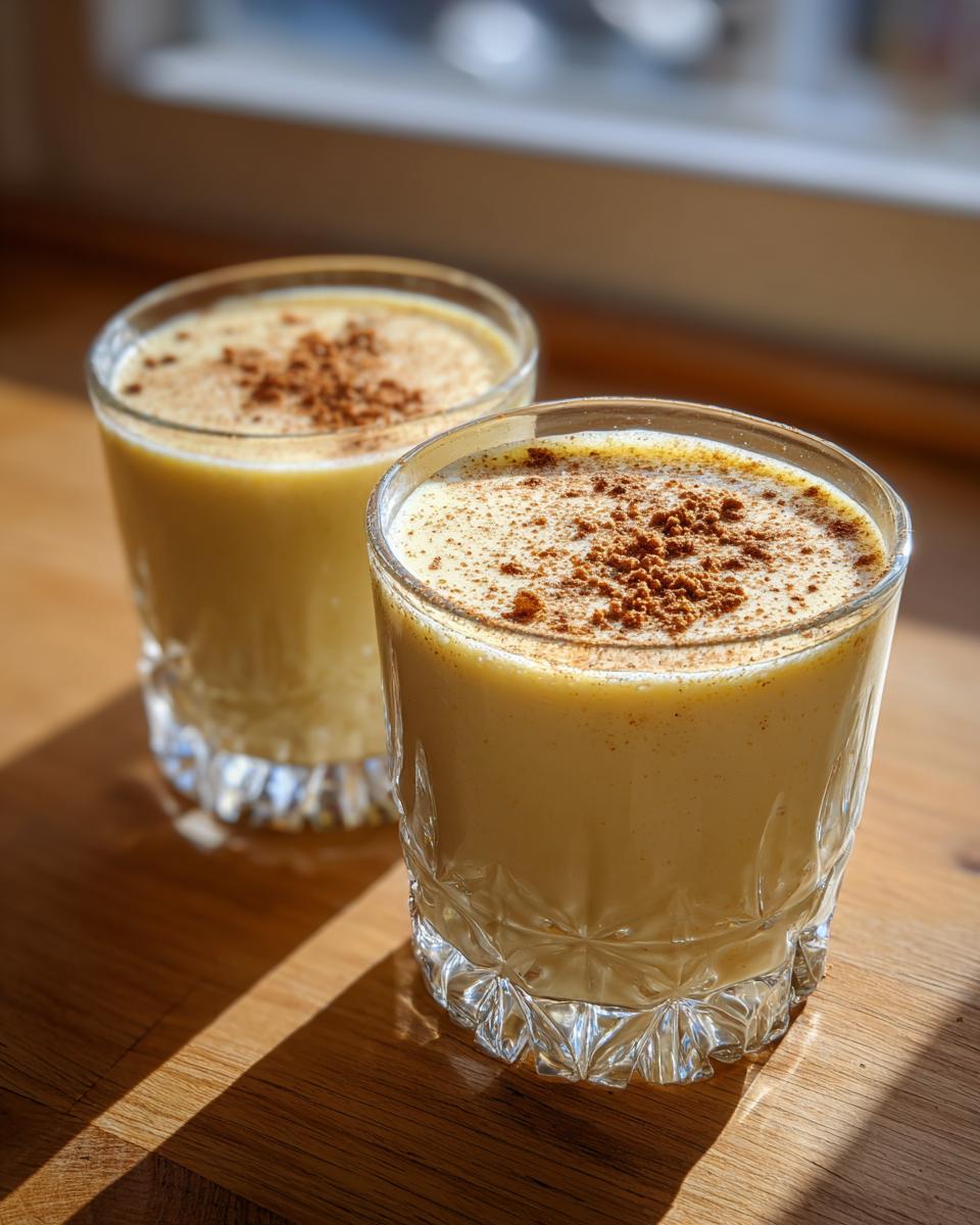 Two glasses filled with creamy homemade eggnog, topped generously with ground cinnamon.