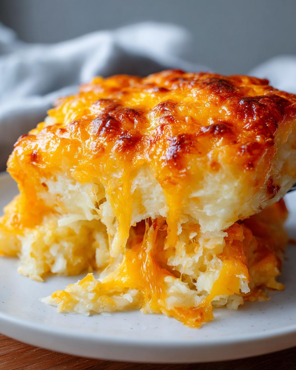 A close-up of a serving of cheesy potato bake being lifted, showing extreme cheese pull from the melted cheddar topping.