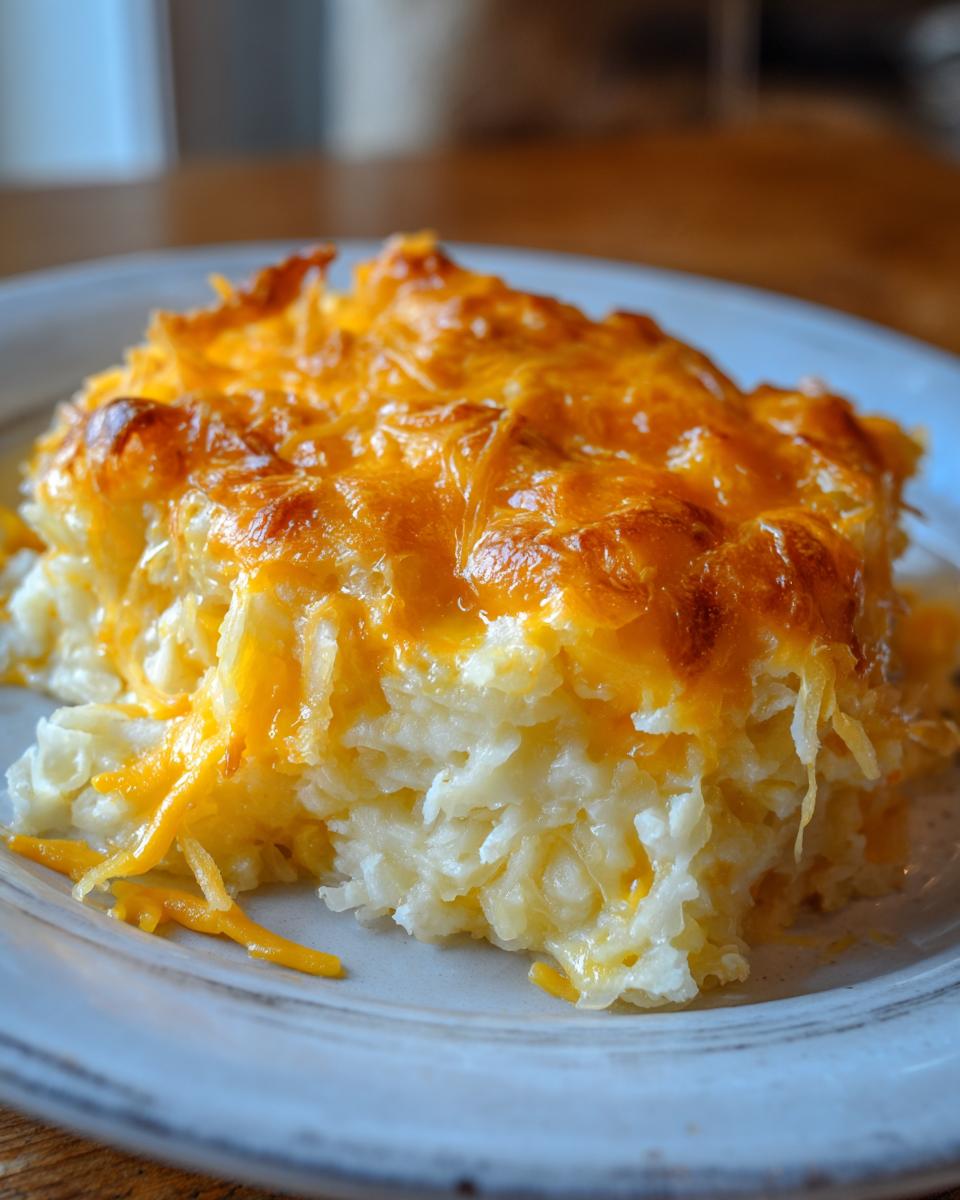 A close-up of a serving of ultimate cheesy potato bake topped with golden, melted cheddar cheese on a light gray plate.