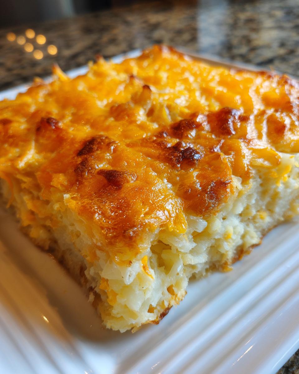 Close-up of a square slice of ultimate cheesy potato bake showing shredded potatoes and a melted, golden-brown cheddar cheese crust.