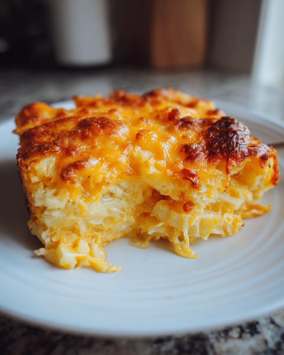 Close-up of a hearty slice of cheesy potato bake with a bubbly, browned cheddar cheese topping.